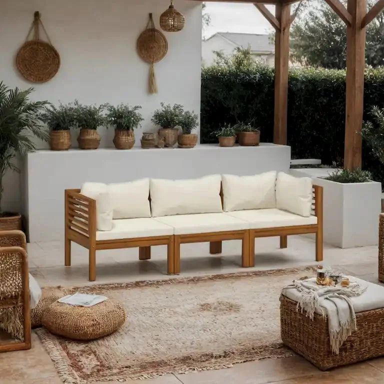 Canapé modulable d'extérieur 3 pièces, acacia brun et polyester crème Merrelo™