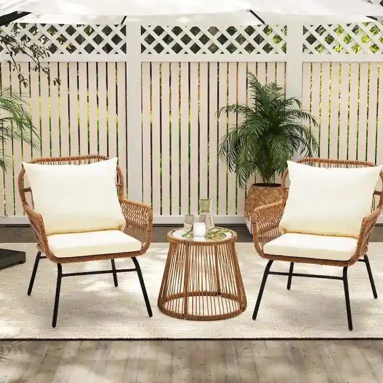 Ensemble bistrot 3 pièces en rotin tressé — table et 2 fauteuils Merrelo™