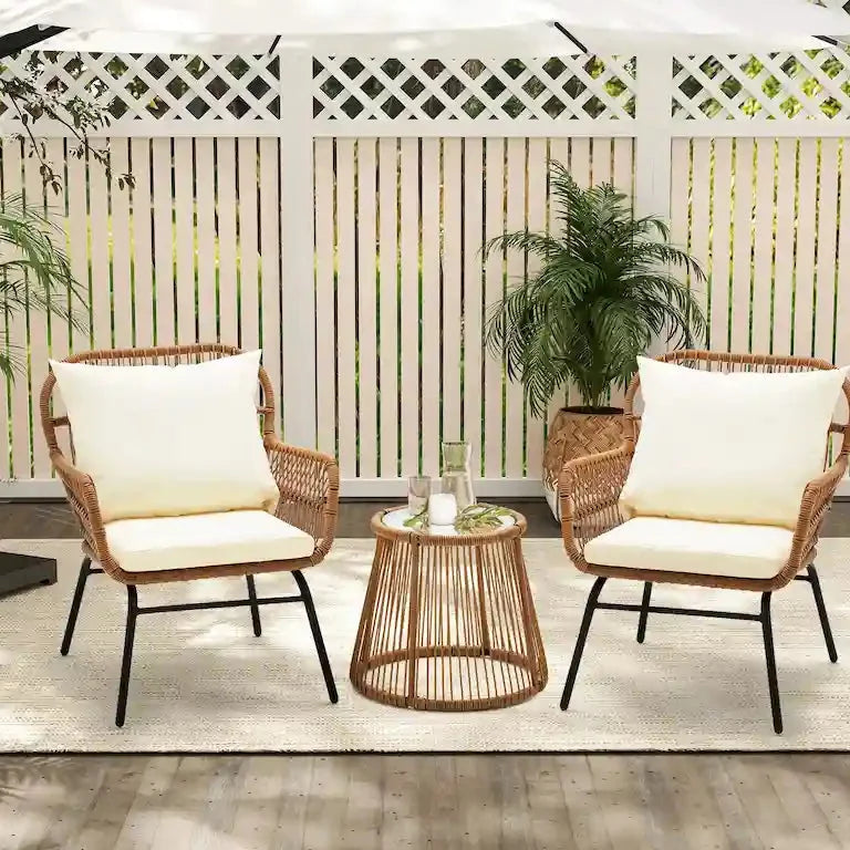 Ensemble bistrot 3 pièces en rotin tressé — table et 2 fauteuils Merrelo™