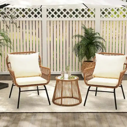 Ensemble bistrot 3 pièces en rotin tressé — table et 2 fauteuils Merrelo™