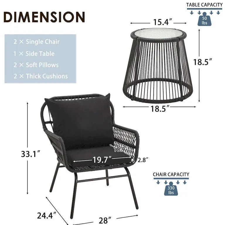 Ensemble bistrot 3 pièces en rotin tressé — table et 2 fauteuils Merrelo™
