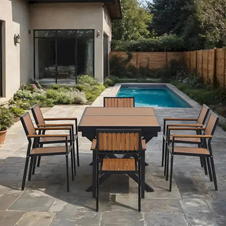 Ensemble de jardin 7 pièces en bois composite — 6 fauteuils et 1 table Merrelo™