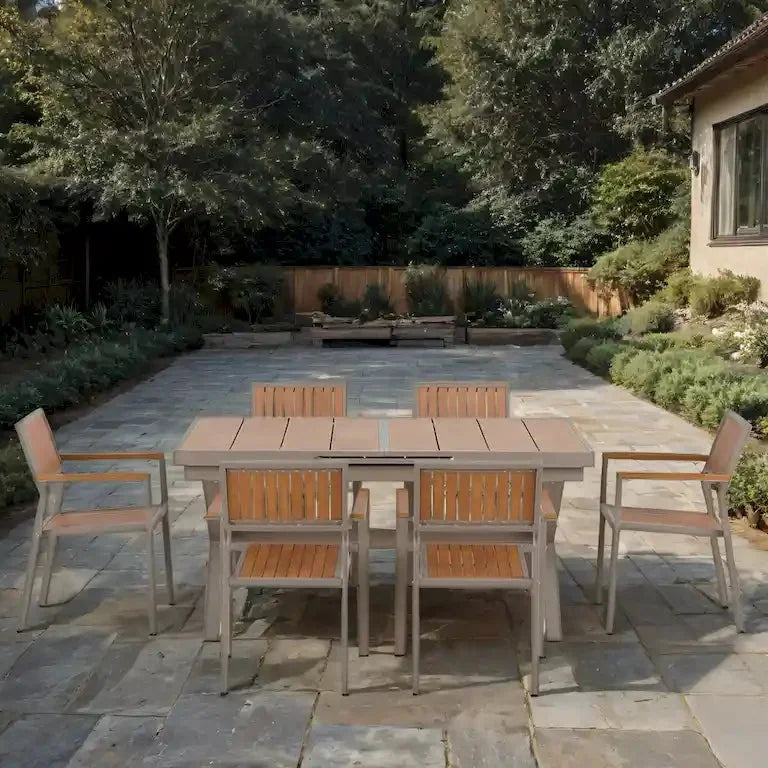 Ensemble de jardin 7 pièces en bois composite — 6 fauteuils et 1 table Merrelo™