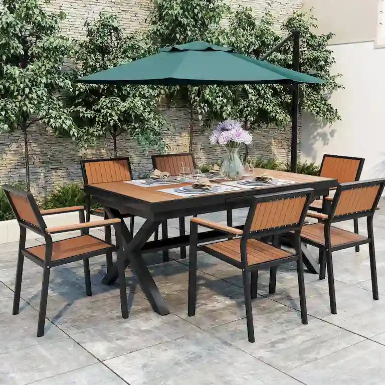 Ensemble de jardin 7 pièces en bois composite — 6 fauteuils et 1 table Merrelo™