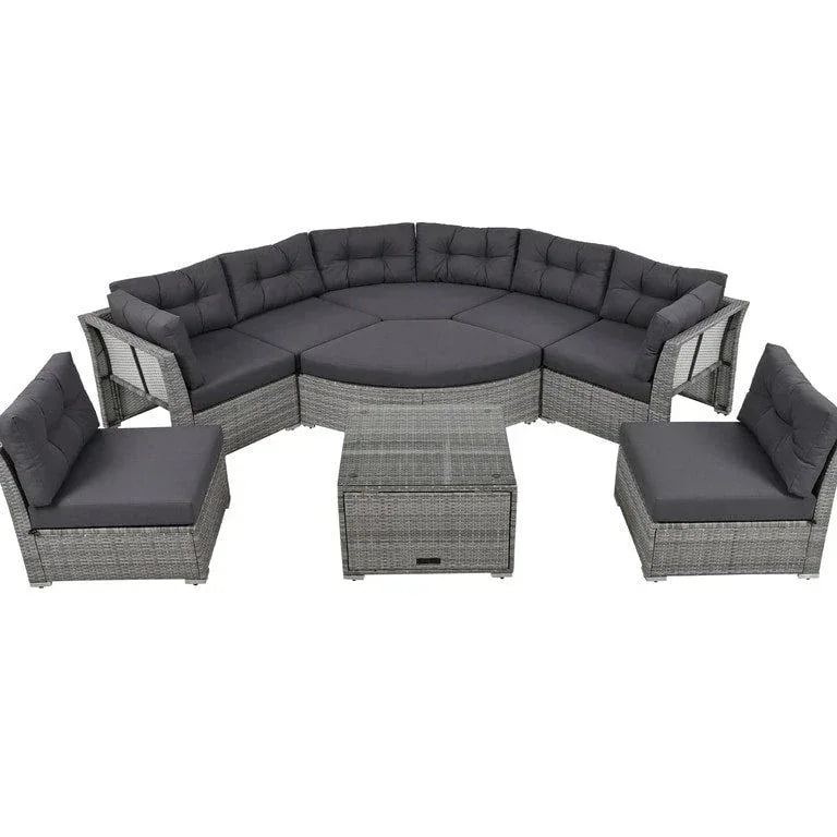 Lit de jour d'angle en rotin avec coussins moelleux et table centrale Merrelo™