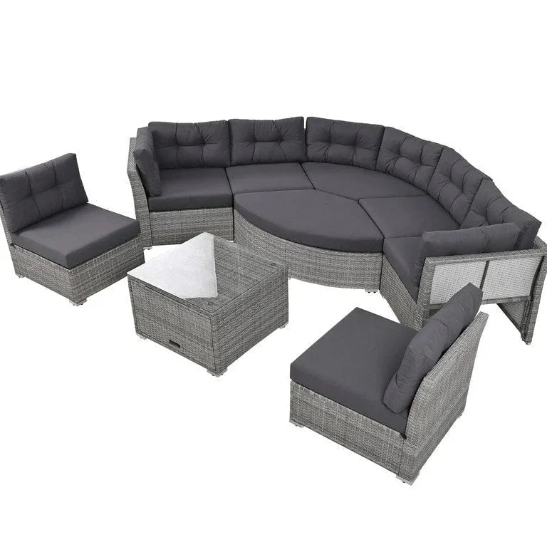 Lit de jour d'angle en rotin avec coussins moelleux et table centrale Merrelo™
