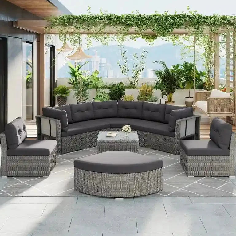 Lit de jour d'angle en rotin avec coussins moelleux et table centrale Merrelo™