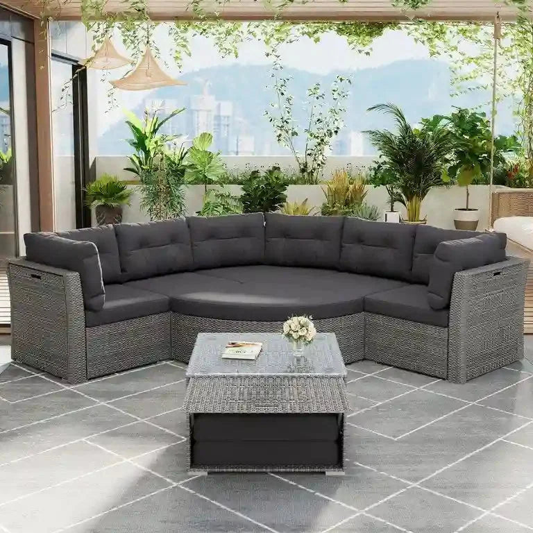 Lit de jour d'angle en rotin avec coussins moelleux et table centrale Merrelo™