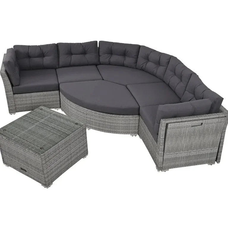 Lit de jour d'angle en rotin avec coussins moelleux et table centrale Merrelo™