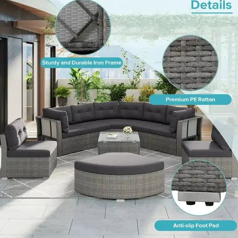 Lit de jour d'angle en rotin avec coussins moelleux et table centrale Merrelo™