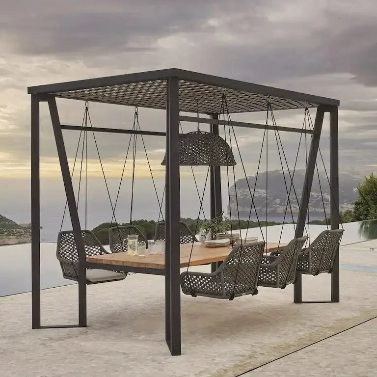 Pergola avec lampe, fauteuils suspendus et table en teck Merrelo™