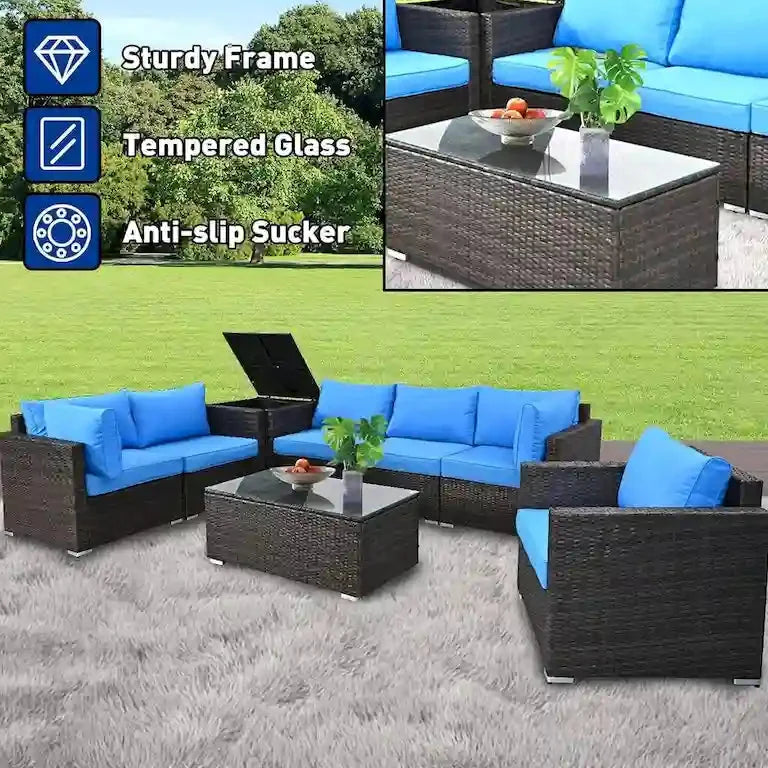 Salon d'angle 8 pièces en résine tressée brune avec table basse en verre Merrelo™