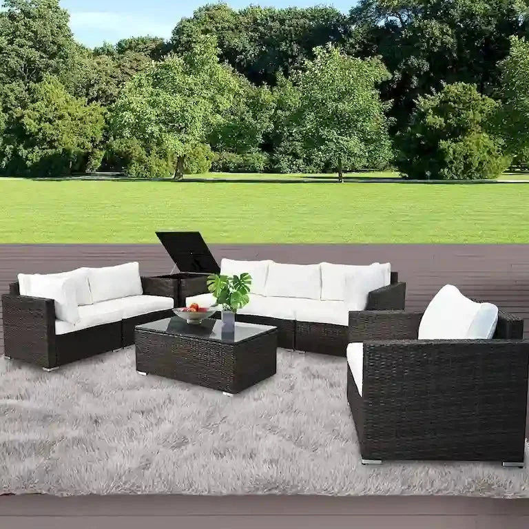 Salon d'angle 8 pièces en résine tressée brune avec table basse en verre Merrelo™