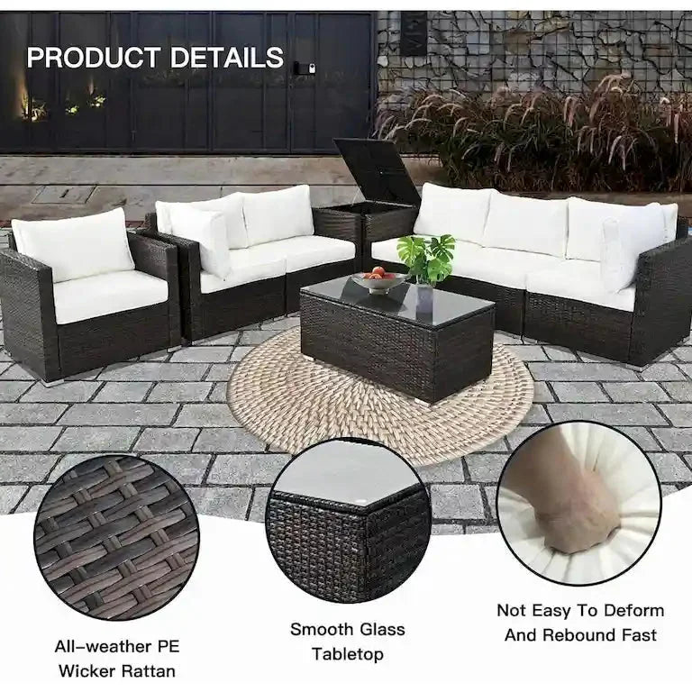 Salon d'angle 8 pièces en résine tressée brune avec table basse en verre Merrelo™