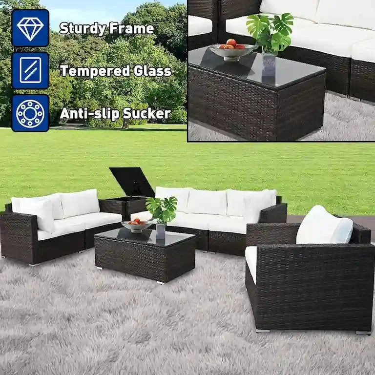 Salon d'angle 8 pièces en résine tressée brune avec table basse en verre Merrelo™