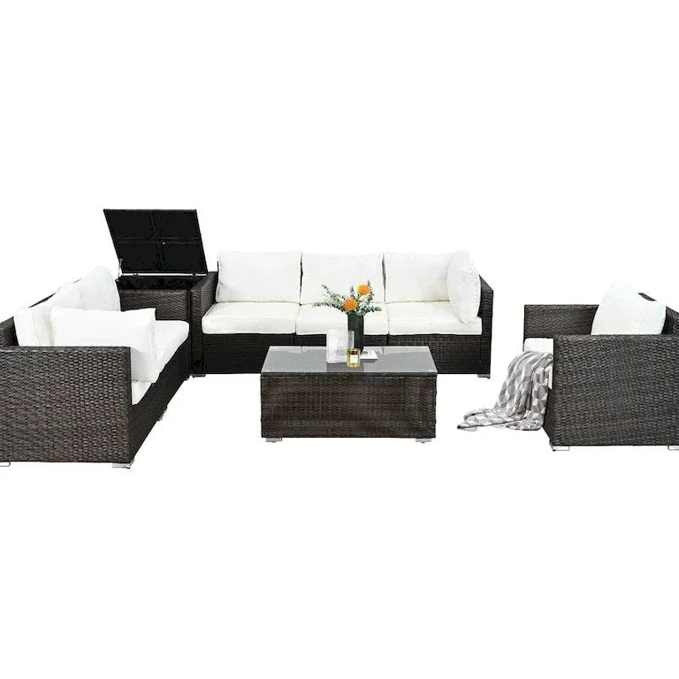 Salon d'angle 8 pièces en résine tressée brune avec table basse en verre Merrelo™