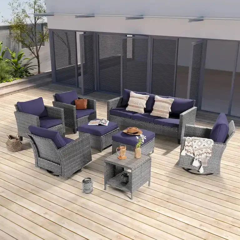 Salon d'angle 8 pièces en résine tressée grise, fauteuils pivotants et repose-pieds Merrelo™