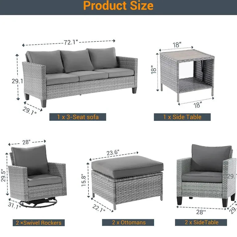 Salon d'angle 8 pièces en résine tressée grise, fauteuils pivotants et repose-pieds Merrelo™
