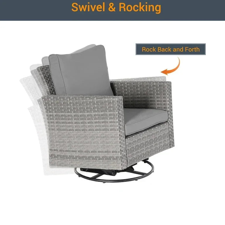 Salon d'angle 8 pièces en résine tressée grise, fauteuils pivotants et repose-pieds Merrelo™