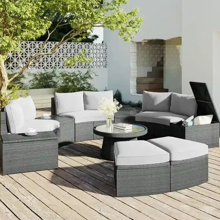 Salon d'angle demi-rond 10 pièces en rotin Merrelo™