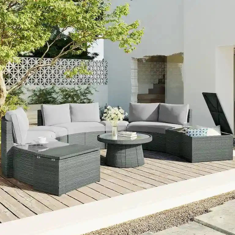 Salon d'angle demi-rond 10 pièces en rotin PE Merrelo™