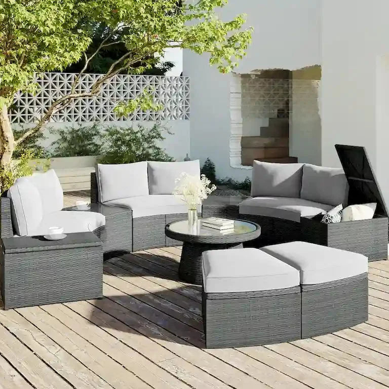 Salon d'angle demi-rond 10 pièces en rotin PE Merrelo™