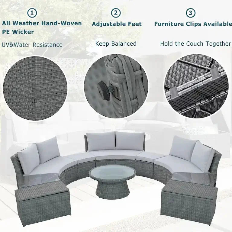 Salon d'angle demi-rond 10 pièces en rotin PE Merrelo™