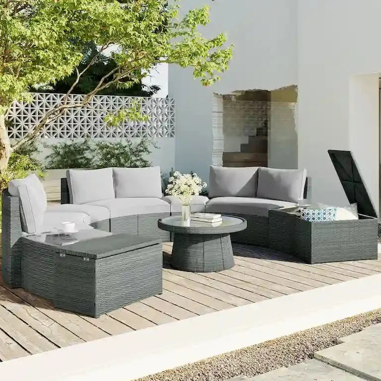 Salon d'angle demi-rond 10 pièces en rotin PE Merrelo™