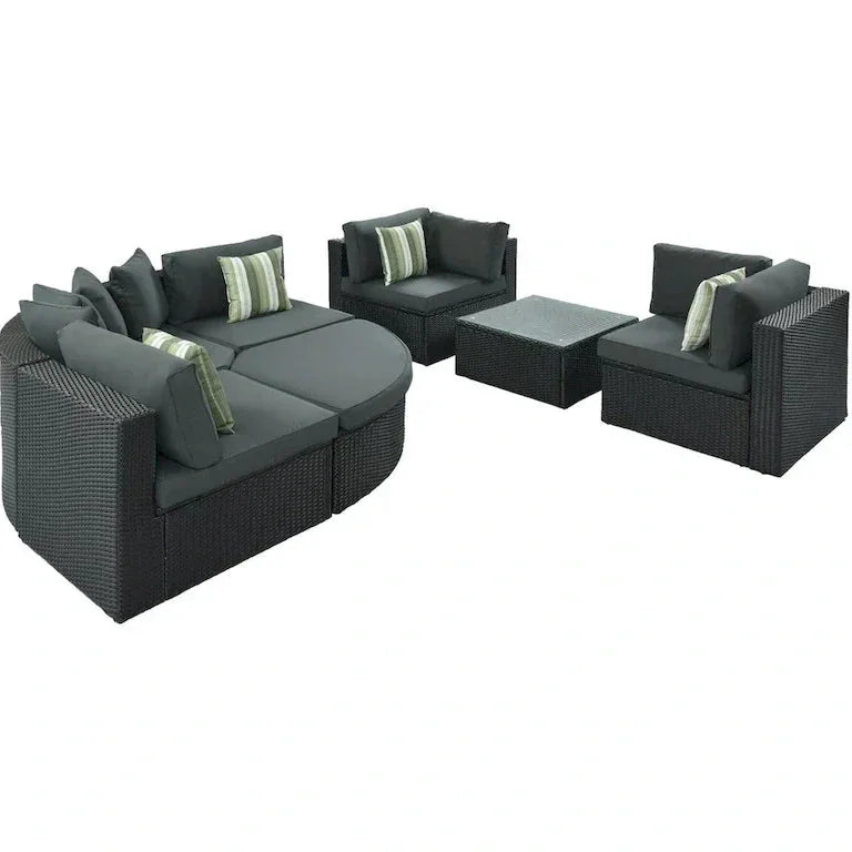 Salon d'angle réversible 7 pièces en résine tressée — table, coussins et coussins déco, 239 × 239 cm Merrelo™