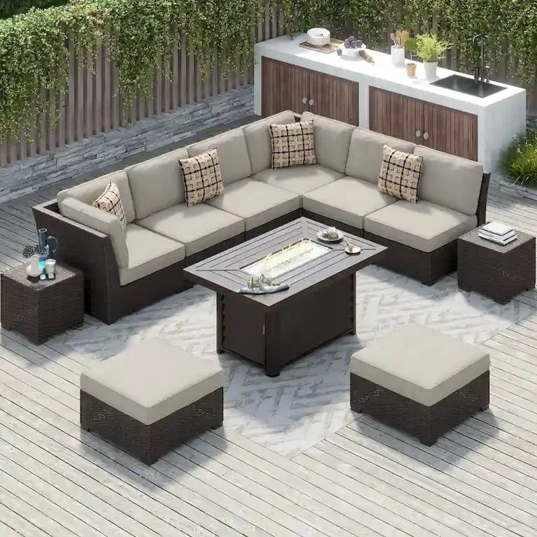 Salon de jardin 11 pièces en résine tressée avec brasero Merrelo™