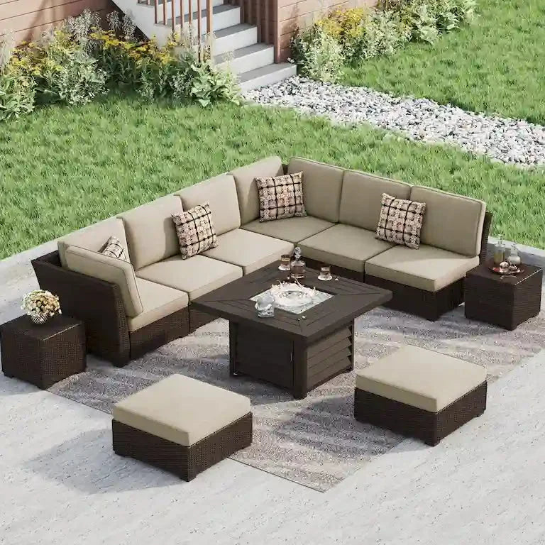 Salon de jardin 11 pièces en résine tressée avec brasero Merrelo™