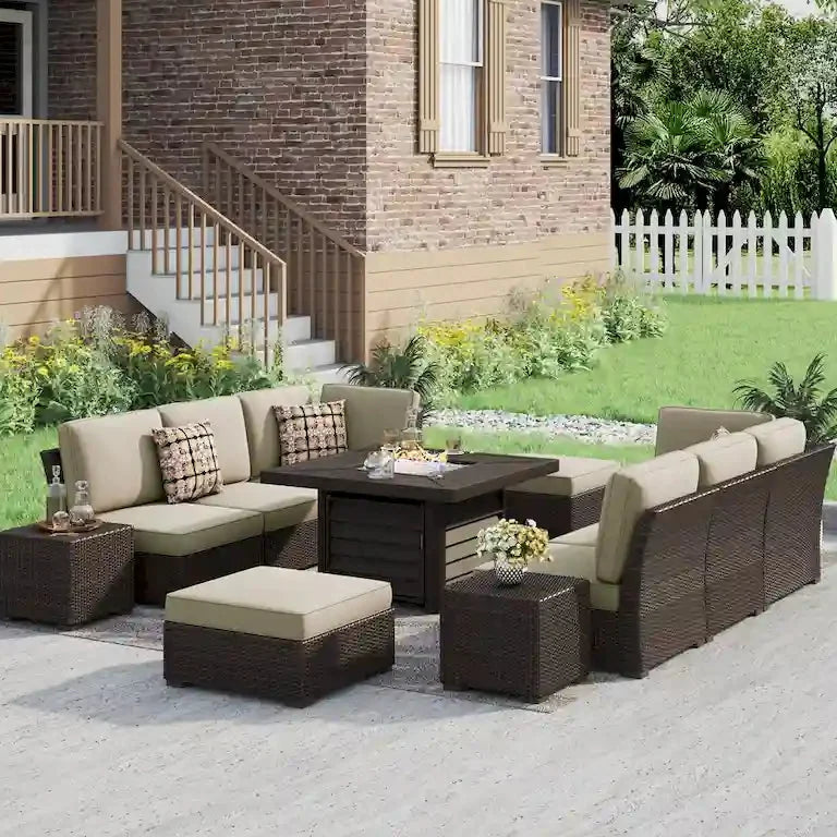 Salon de jardin 11 pièces en résine tressée avec brasero Merrelo™