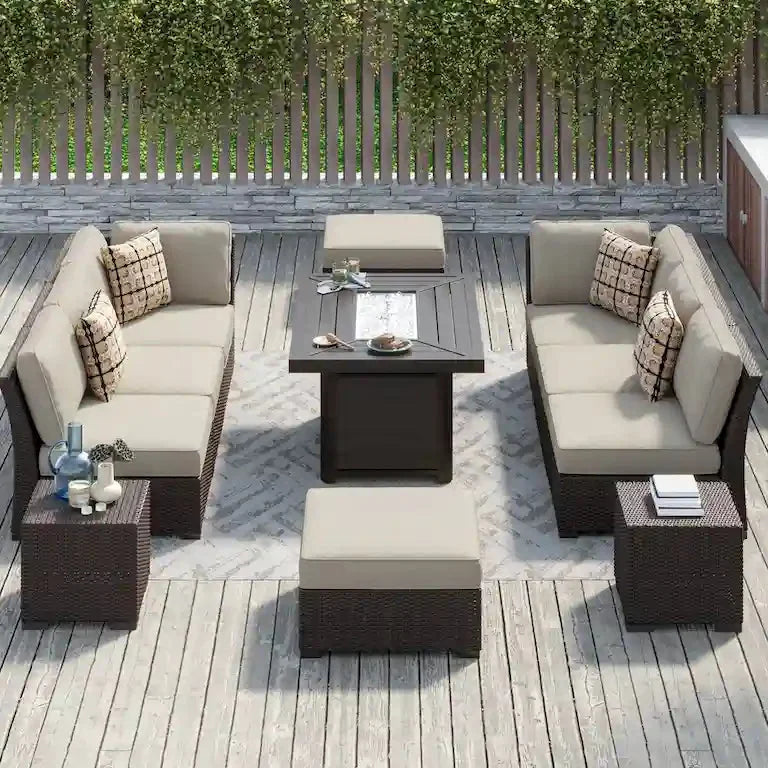 Salon de jardin 11 pièces en résine tressée avec brasero Merrelo™