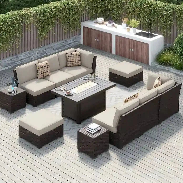 Salon de jardin 11 pièces en résine tressée avec brasero Merrelo™