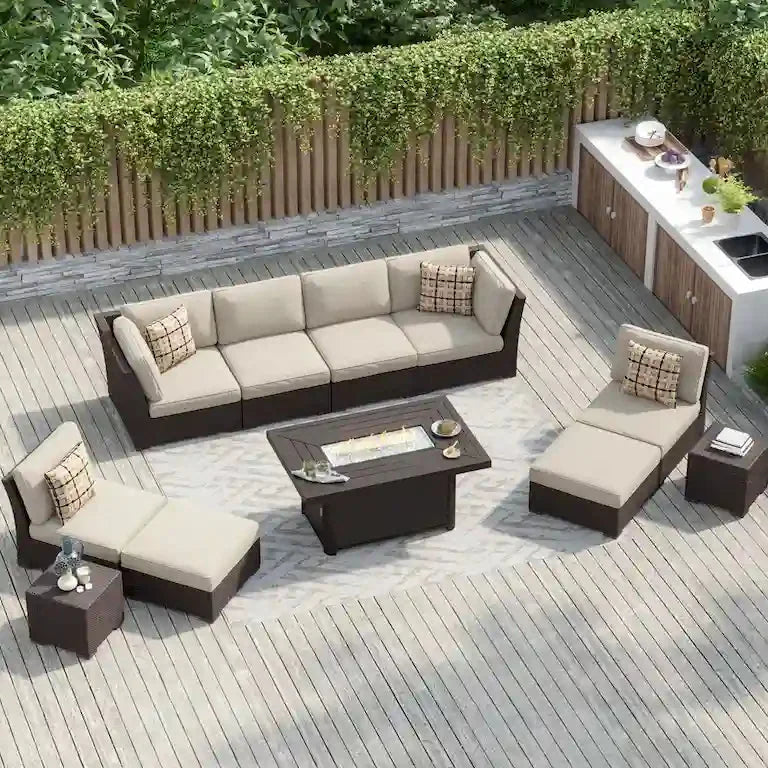 Salon de jardin 11 pièces en résine tressée avec brasero Merrelo™