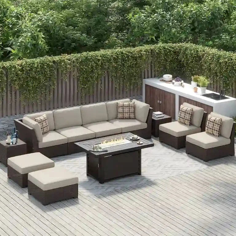 Salon de jardin 11 pièces en résine tressée avec brasero Merrelo™