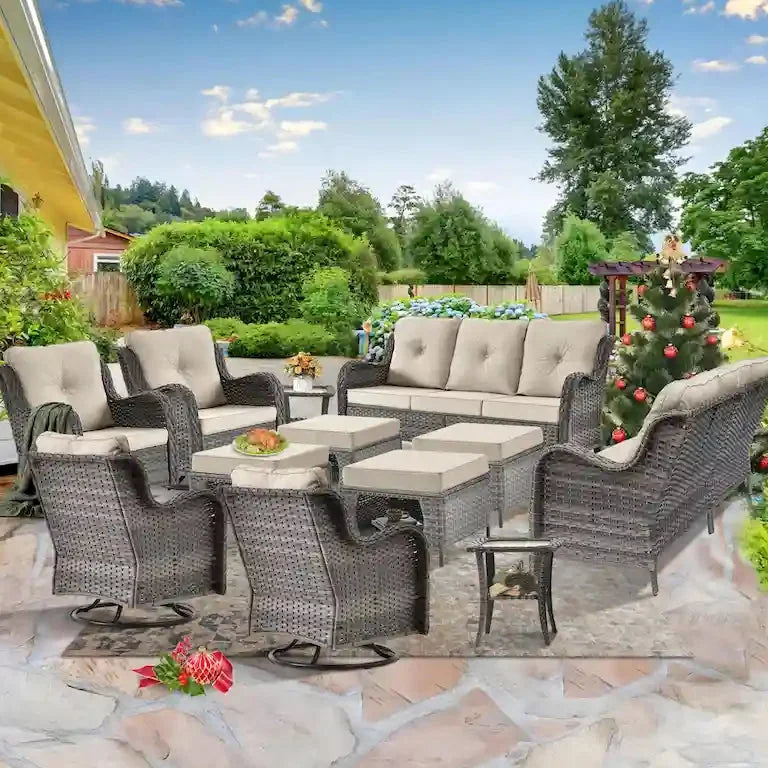 Salon de jardin 12 pièces en résine tressée avec fauteuils pivotants à bascule Merrelo™