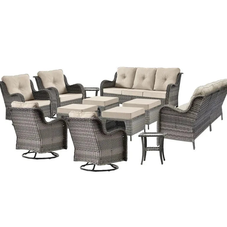 Salon de jardin 12 pièces en résine tressée avec fauteuils pivotants à bascule Merrelo™