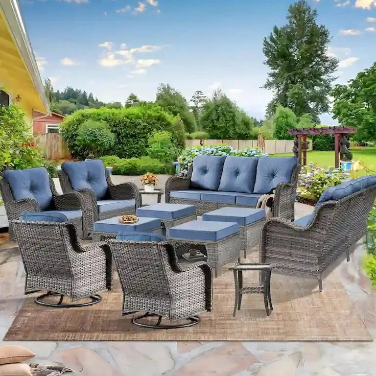 Salon de jardin 12 pièces en résine tressée avec fauteuils pivotants à bascule Merrelo™