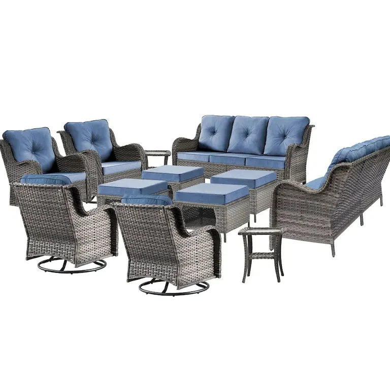 Salon de jardin 12 pièces en résine tressée avec fauteuils pivotants à bascule Merrelo™