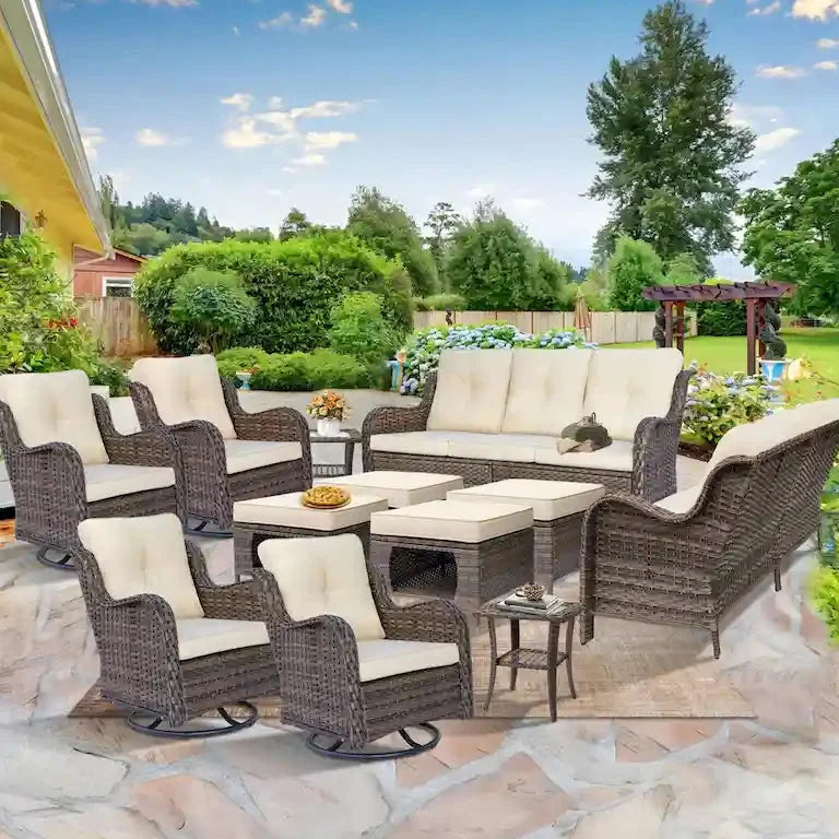 Salon de jardin 12 pièces en résine tressée avec fauteuils pivotants à bascule Merrelo™