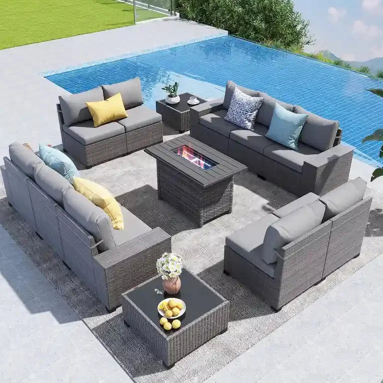 Salon de jardin 13 pièces 10 places, coussins imperméables et table brasero Merrelo™