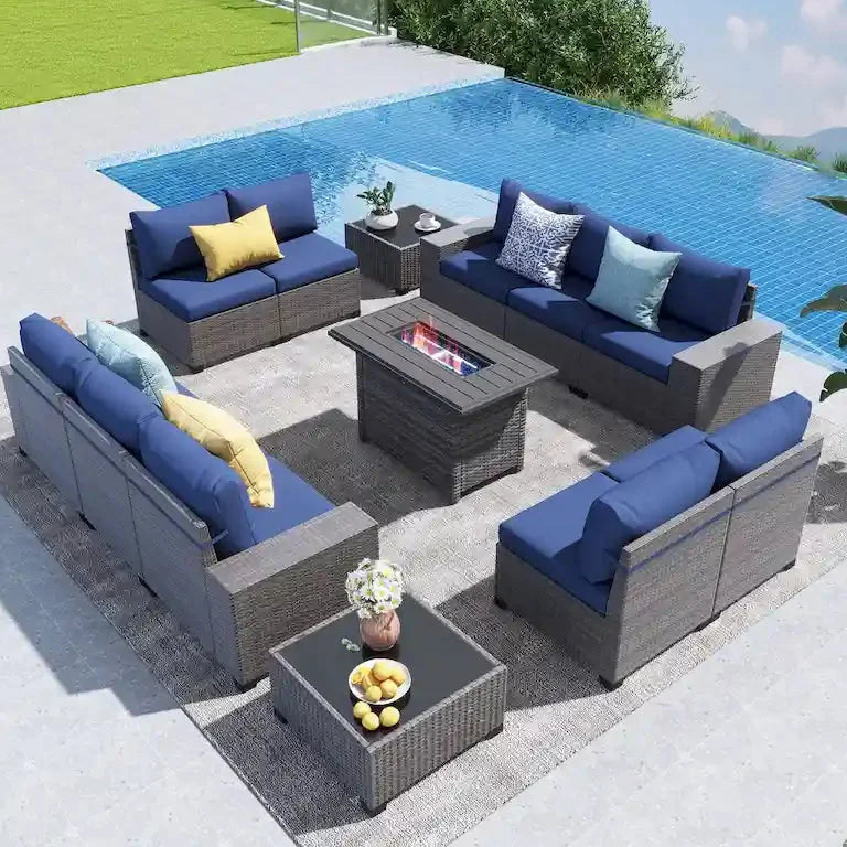 Salon de jardin 13 pièces 10 places, coussins imperméables et table brasero Merrelo™
