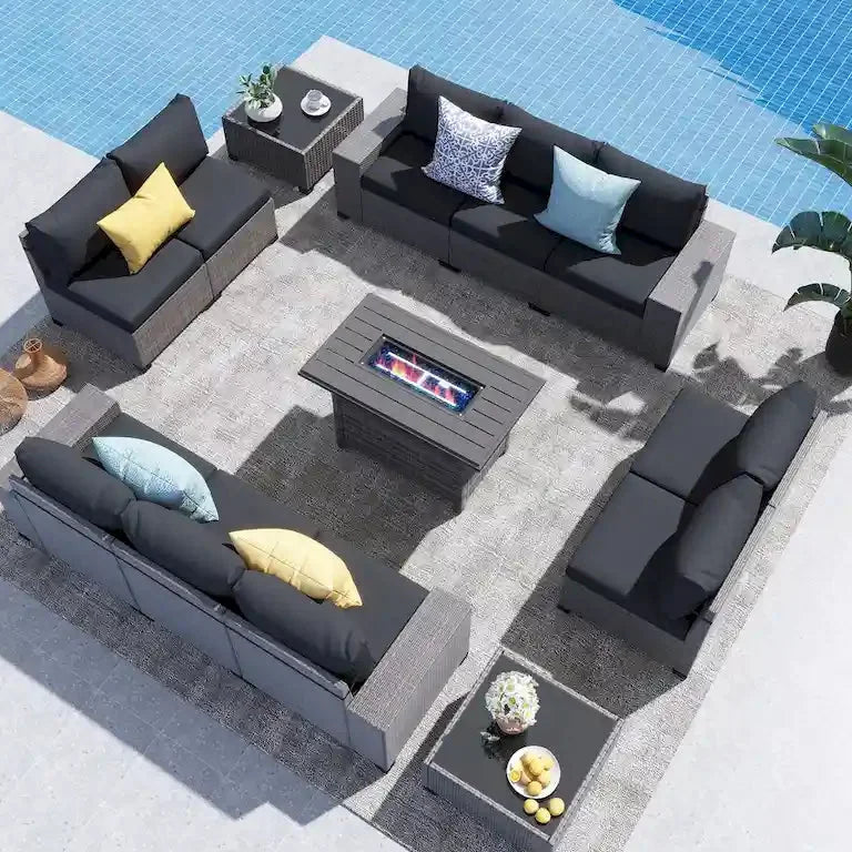 Salon de jardin 13 pièces 10 places, coussins imperméables et table brasero Merrelo™