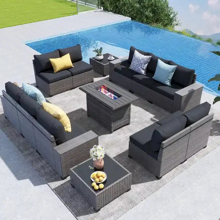 Salon de jardin 13 pièces 10 places, coussins imperméables et table brasero Merrelo™
