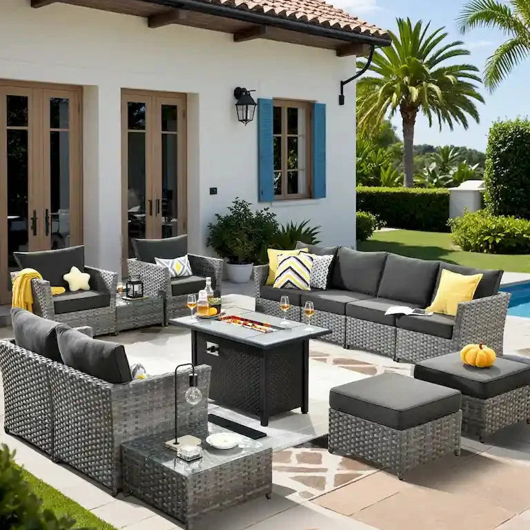 Salon de jardin 13 pièces en résine tressée avec table brasero Merrelo™