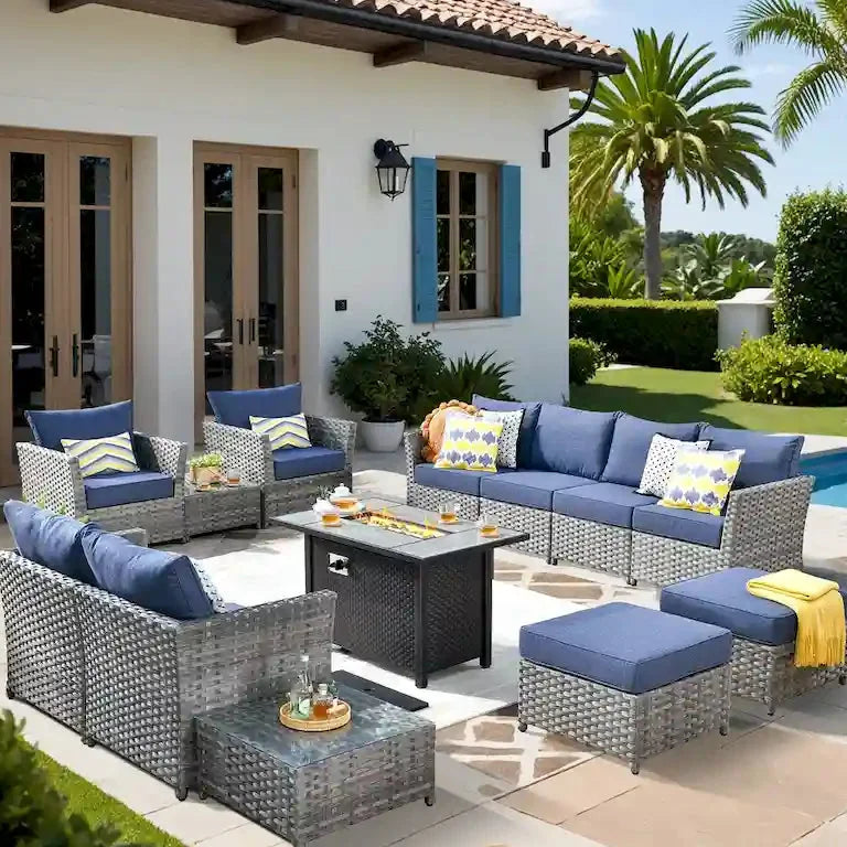Salon de jardin 13 pièces en résine tressée avec table brasero Merrelo™