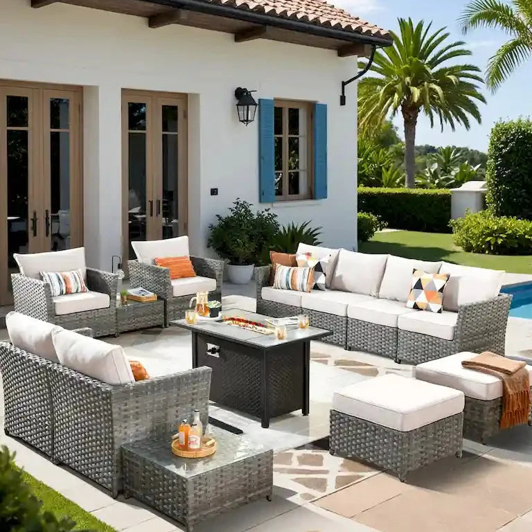 Salon de jardin 13 pièces en résine tressée avec table brasero Merrelo™