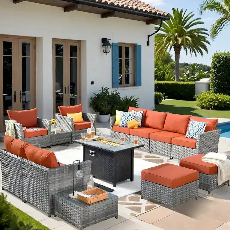 Salon de jardin 13 pièces en résine tressée avec table brasero Merrelo™