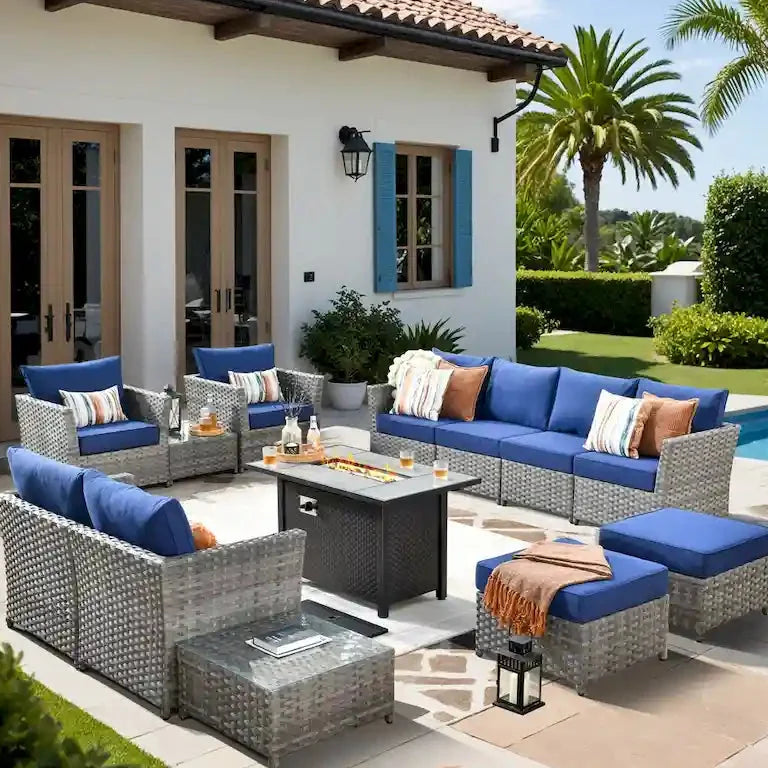 Salon de jardin 13 pièces en résine tressée avec table brasero Merrelo™